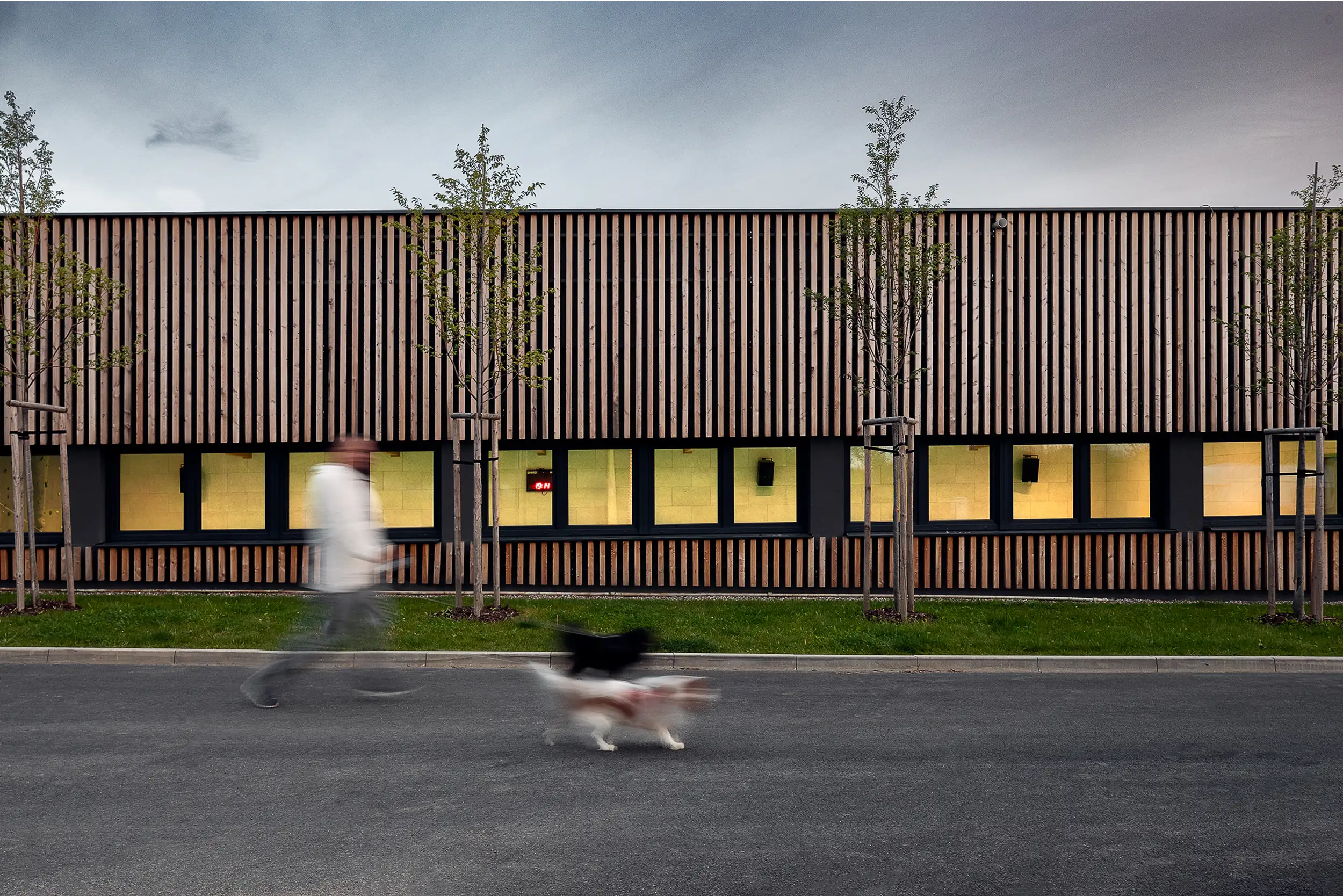 Frontal view of the side wooden facade of the sports hall in Světice, lined with trees with a motion blurred dog walker in the foreground, captured by professional architectural photographer.