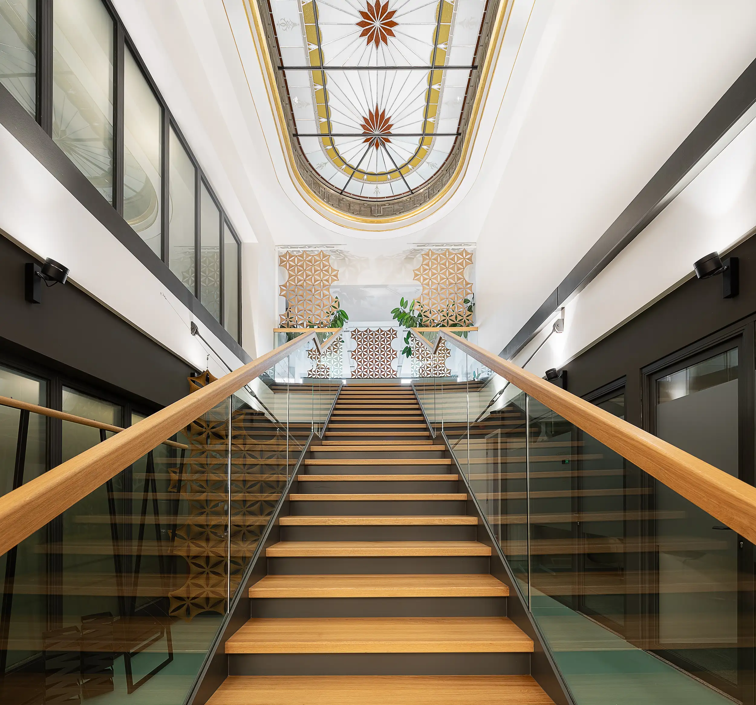 Design a corridor with stairs in the private offices of Astra Palace on Wenceslas Square in Prague, Czech Republic.