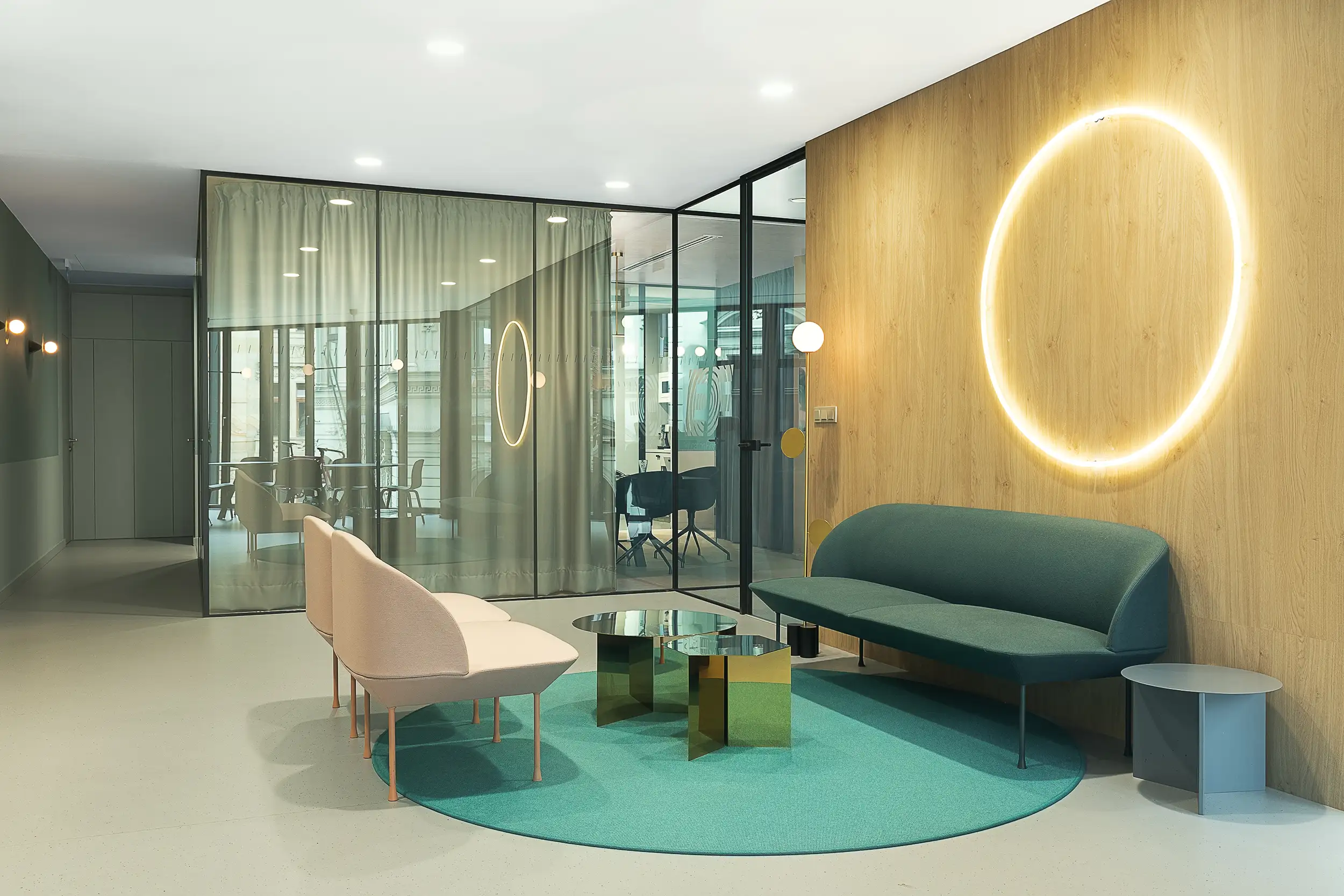A view showcases a modern and elegant interior in front of the Education First offices in the Euro Palace in Prague (Czech Republic) on Wenceslas Square.