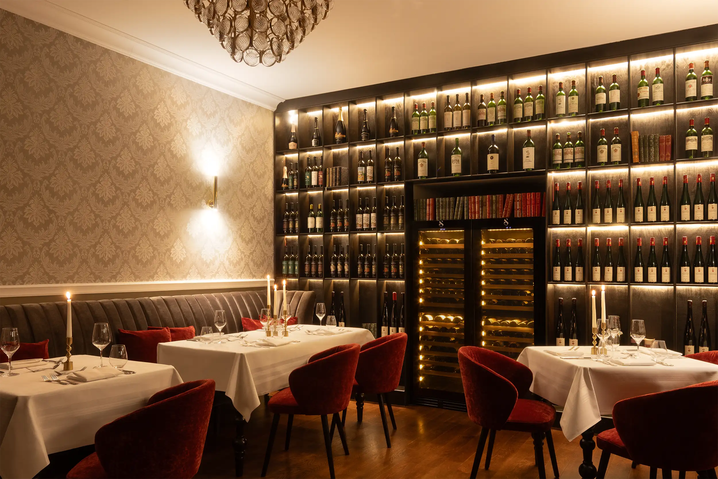 Angle view of Schloßhotel Althörnitz restaurant and wine saloon with moody atmosphere.